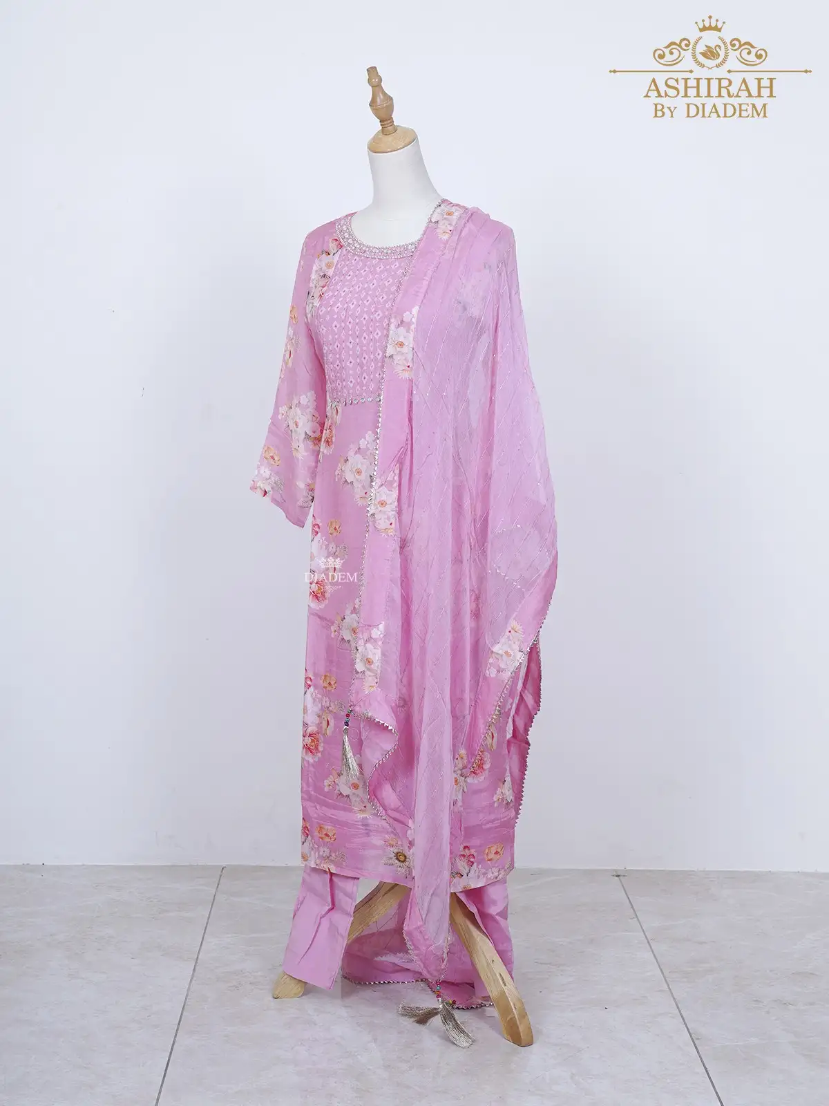 Pink Straight Cut Suit Adorned In Floral Prints With Pant And Dupatta