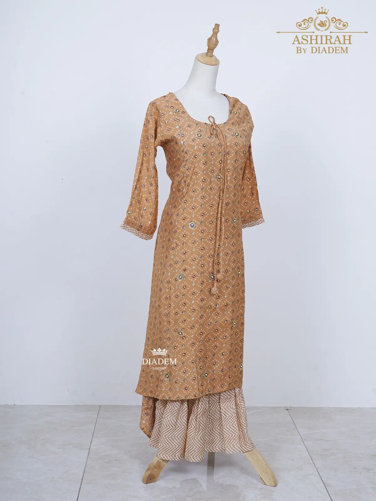 Brown Long Kurti Adorned In Prints And Sequins