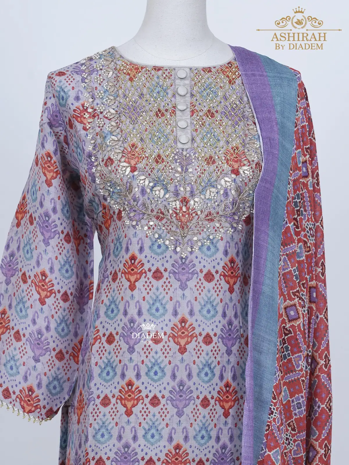 Lavender Straight Cut Suit Adorned In Embroideries And Prints With Dupatta And Pant