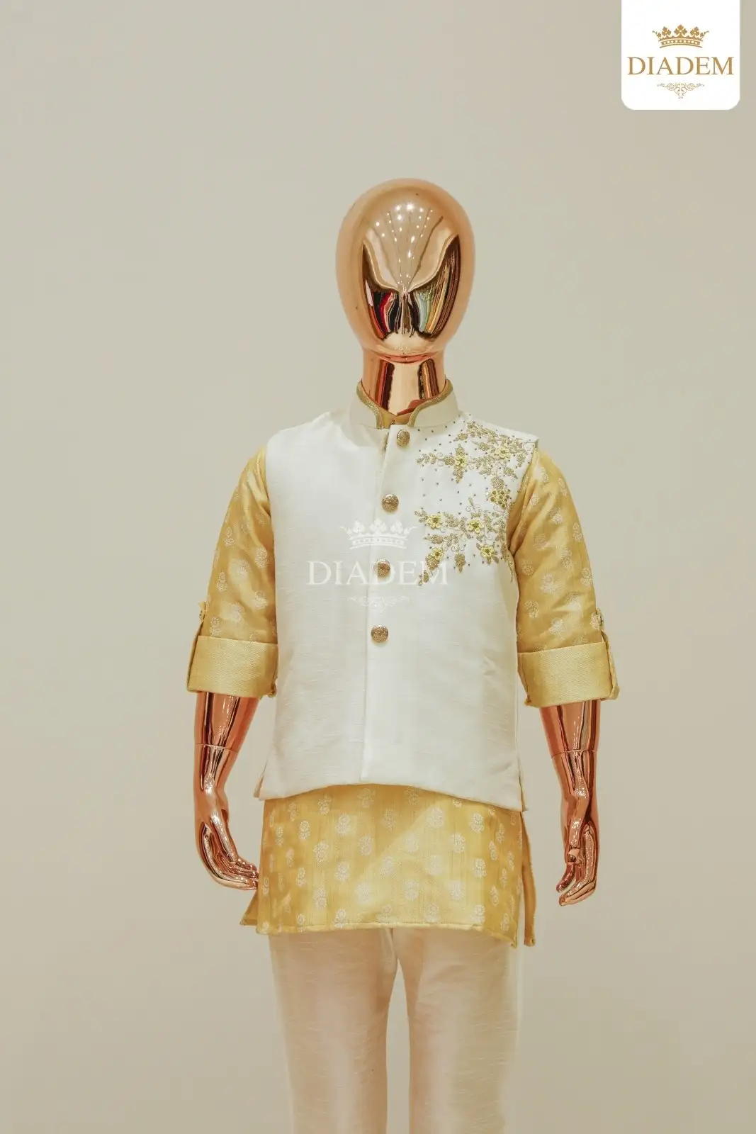 Gold And Ivory Kurta Pyjama Set With Embroidery Jacket
