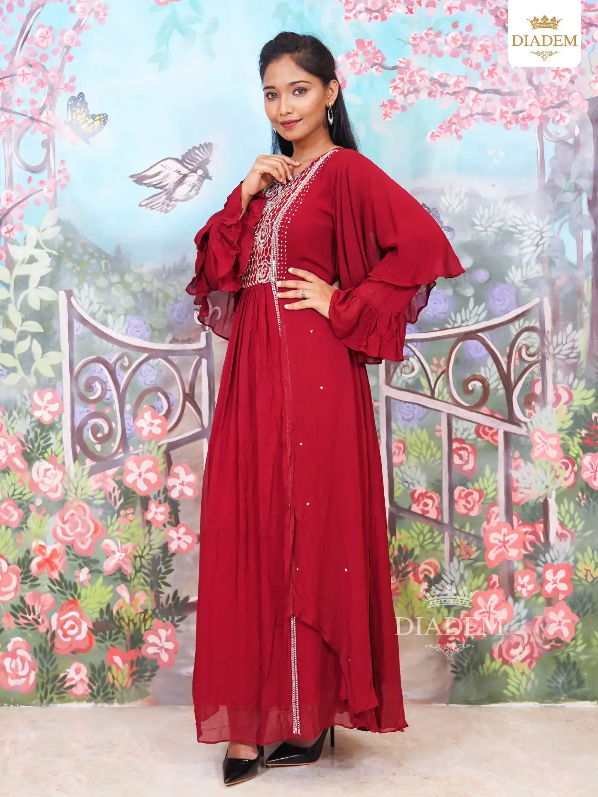 Deep Red Honeycomb And Floral Embroided Ruffle Sleeve Kurti