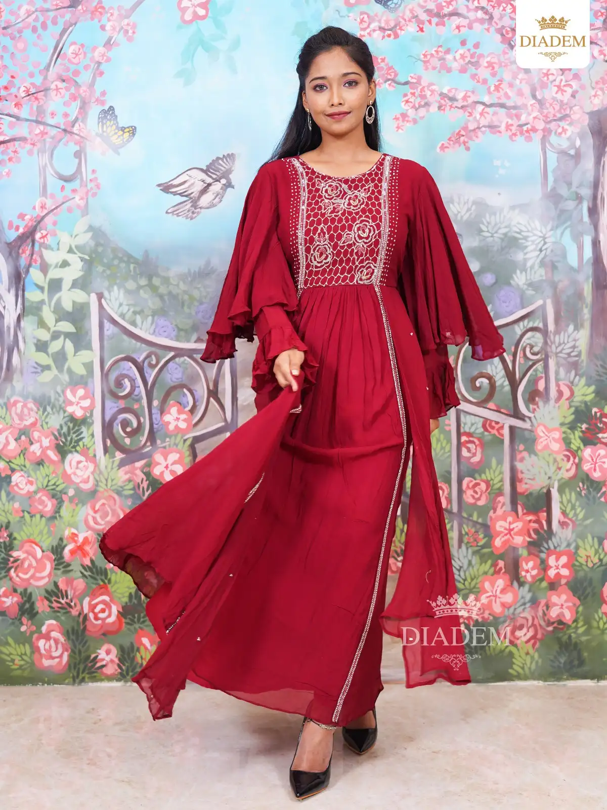 Deep Red Honeycomb And Floral Embroided Ruffle Sleeve Kurti