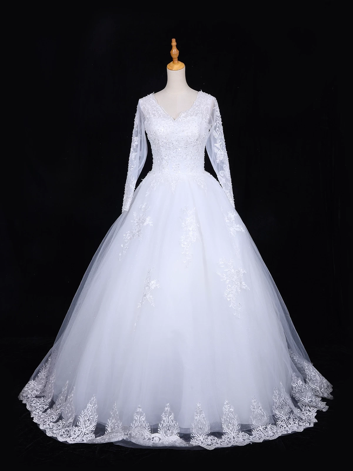 White Net Ball Gown Embellished with Floral Laces and Sequins