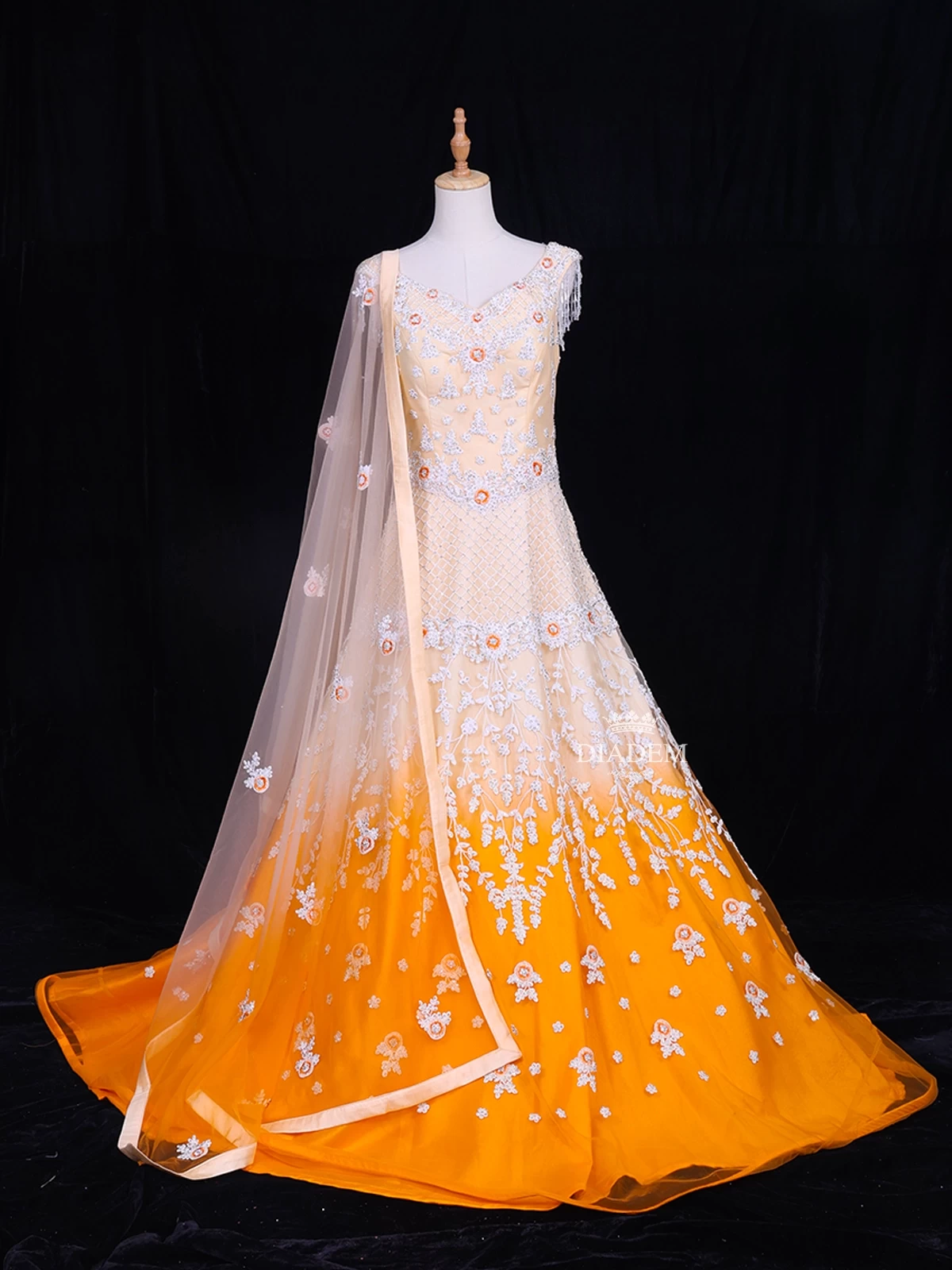 Orange Net Ombre Gown Adorned with Floral Threadwork Embroidery and Stones, Paired with Dupatta