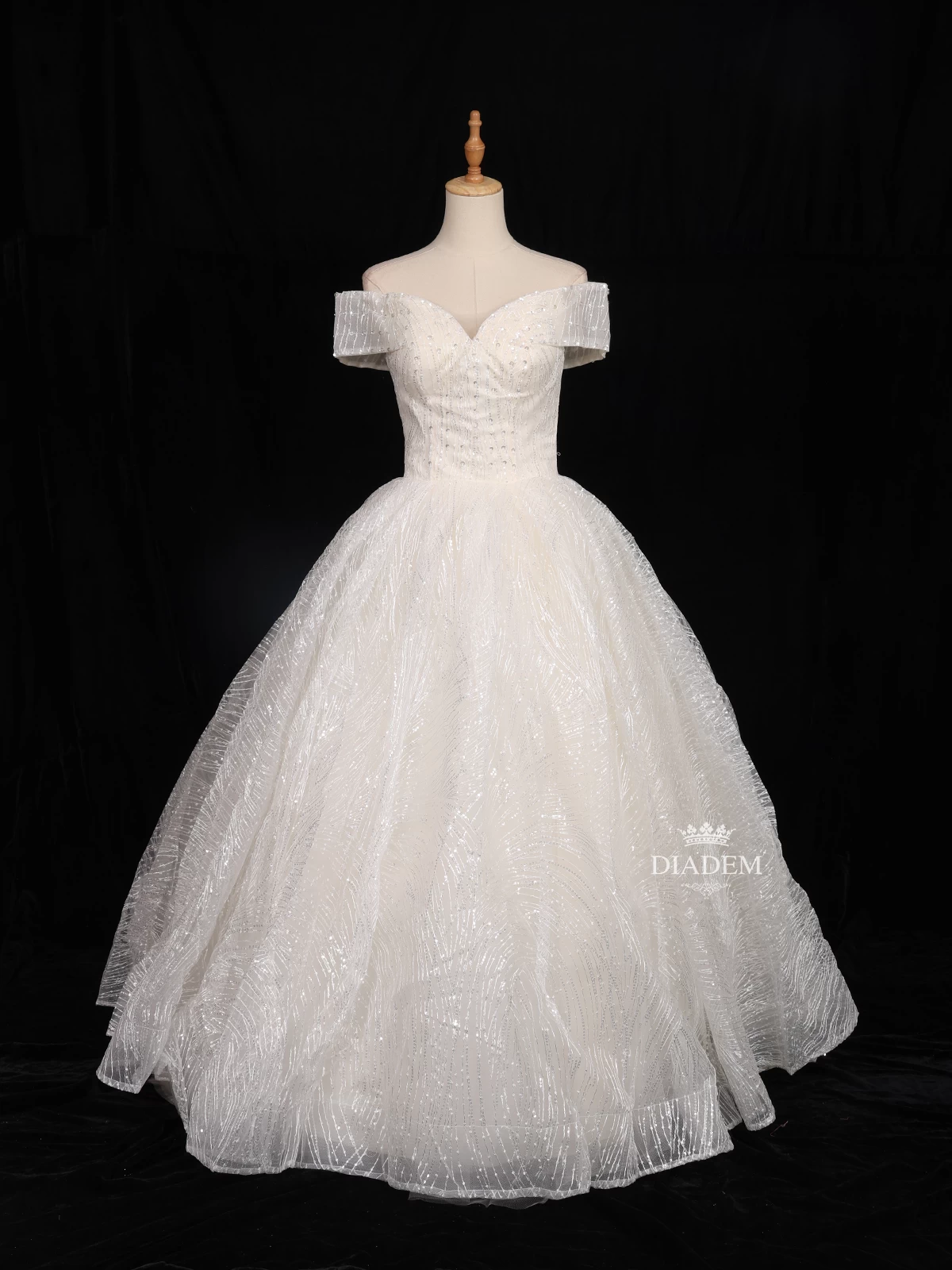 White Net Off-Shoulder Ball Gown Embellished with Floral Threadwork and Sequins