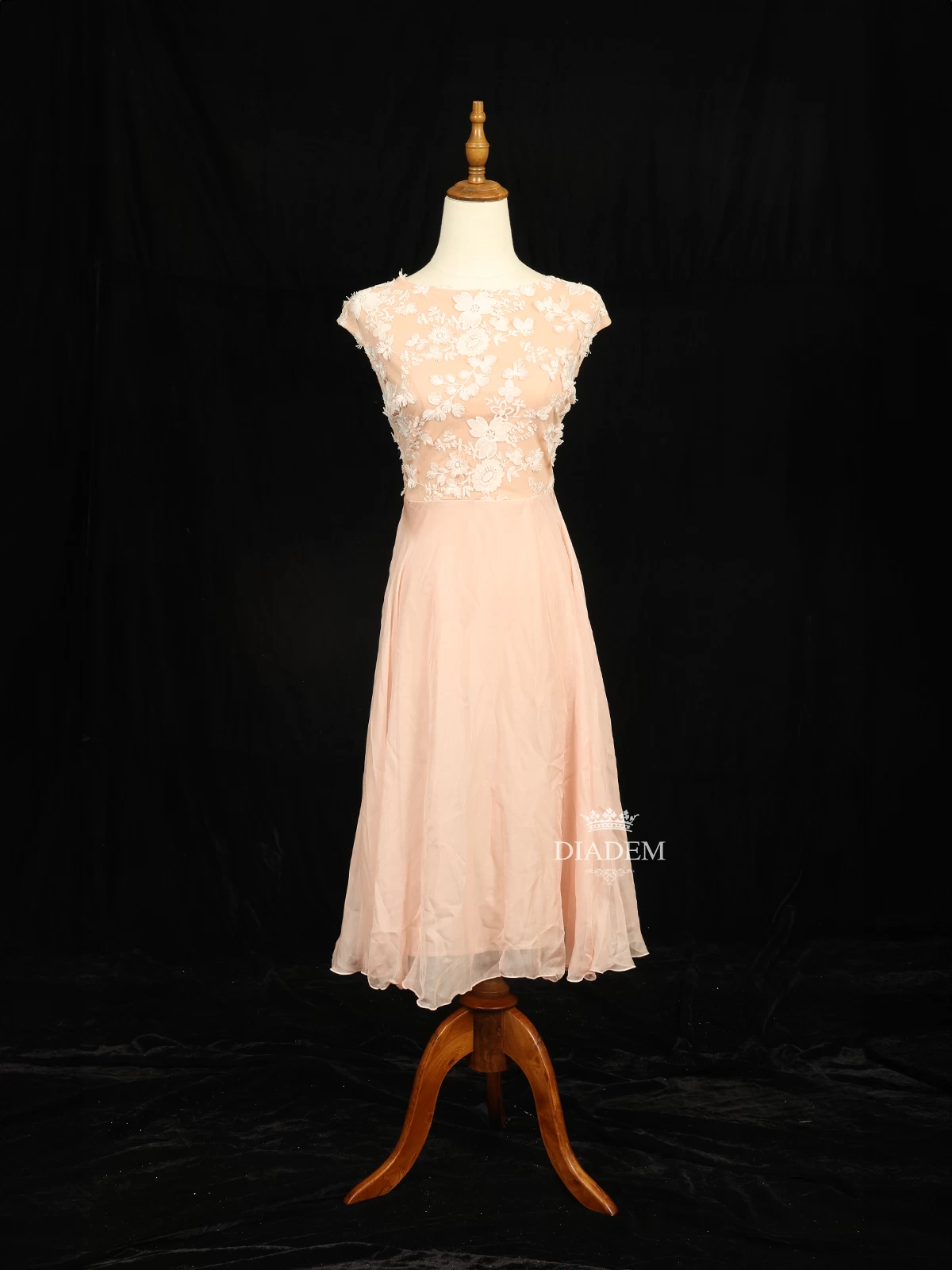 Light Peach Short Gown Adorned with Floral Threadwork Embroidery