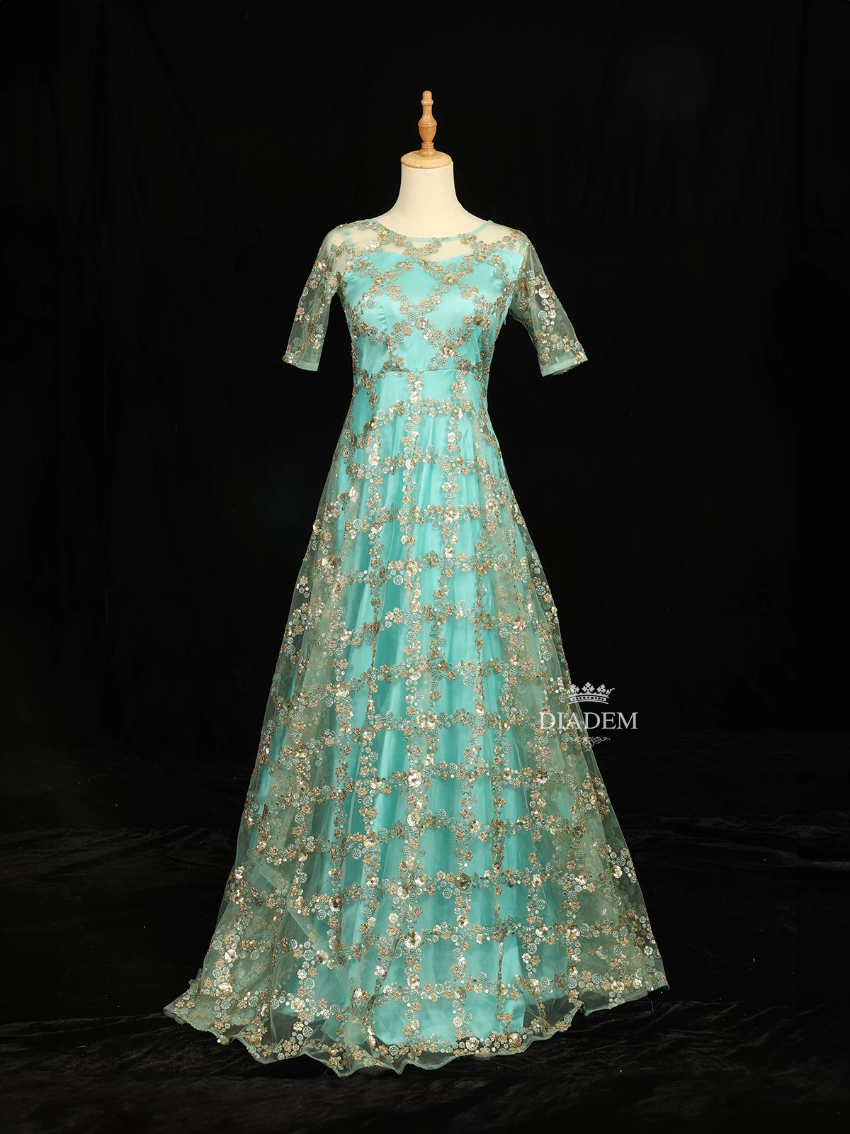 Net with Satin Gown Embellished with Floral Threadwork and Sequins