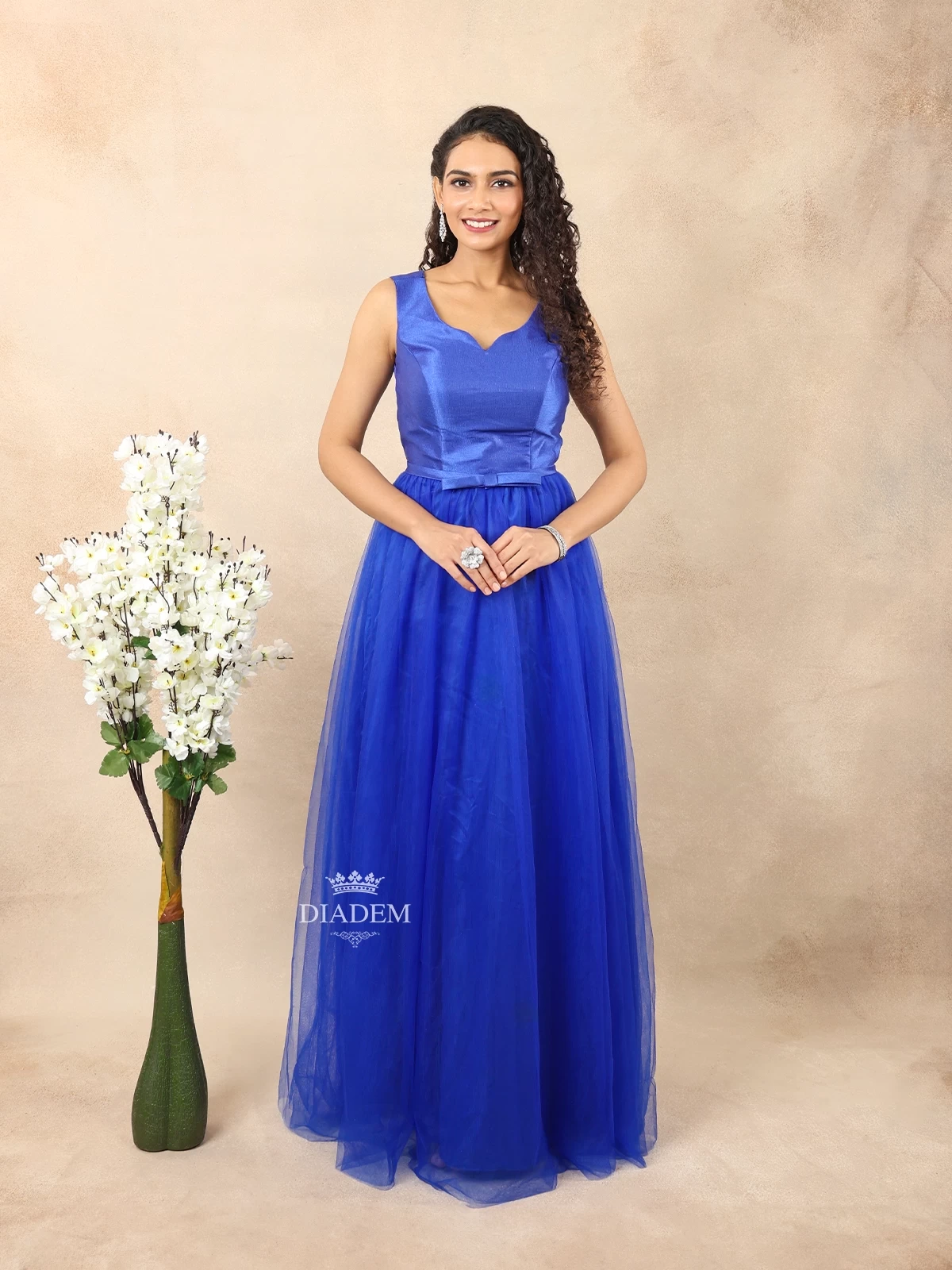 Royal Blue Raw Silk And Net Sleeveless Gown
