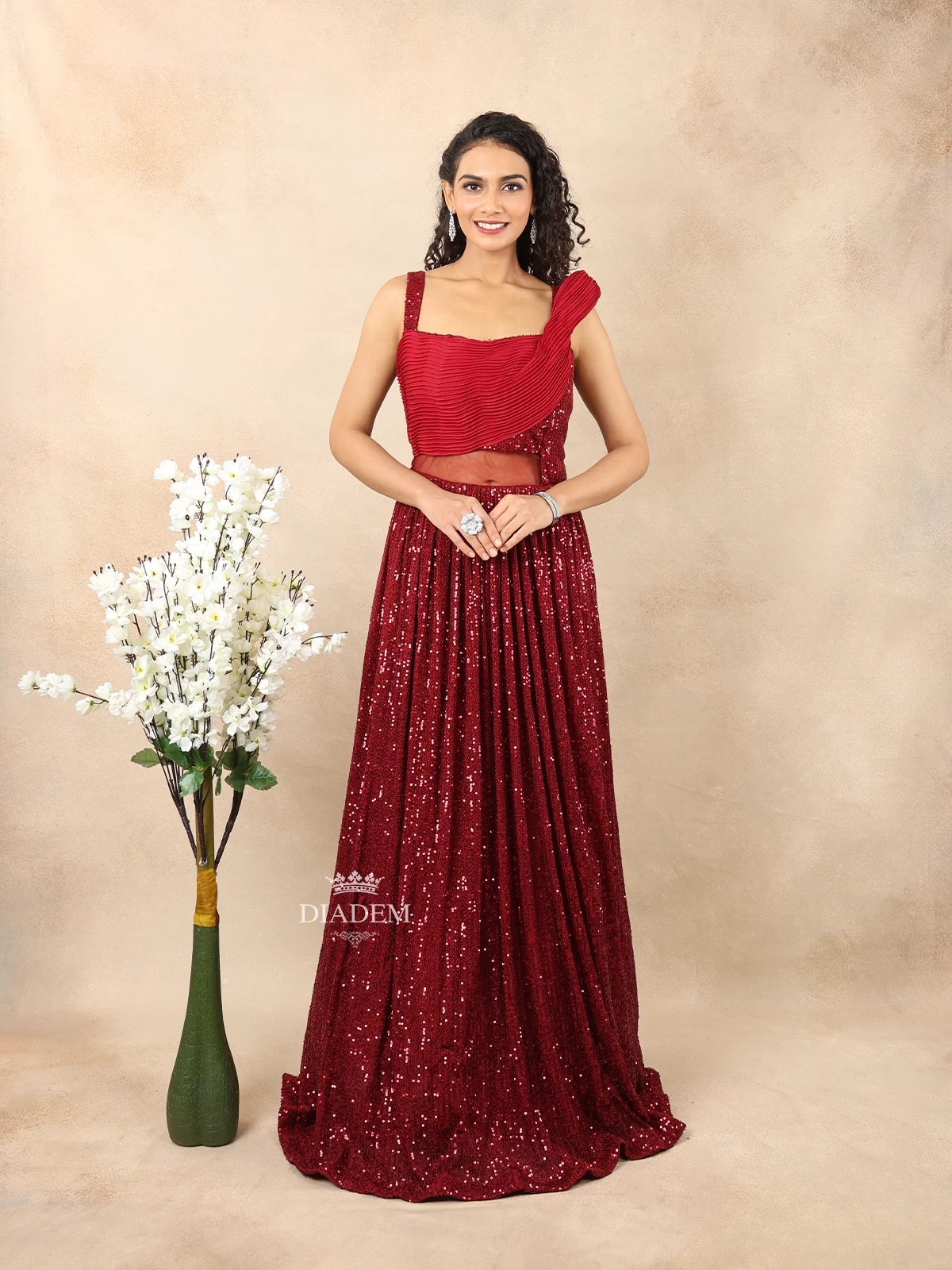 Dark Red Net Gown Embellished With Sequins