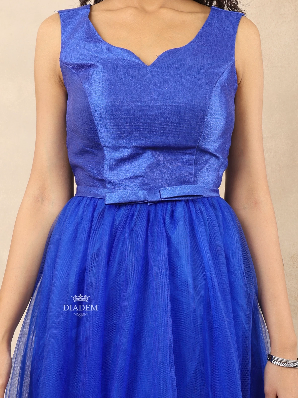 Royal Blue Raw Silk And Net Sleeveless Gown