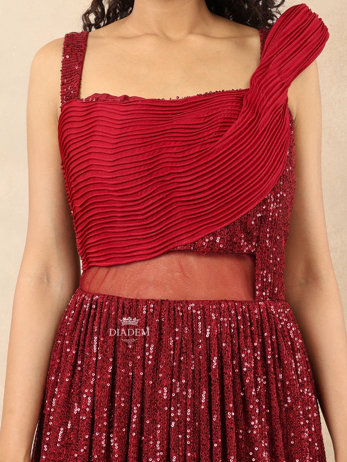 Dark Red Net Gown Embellished With Sequins