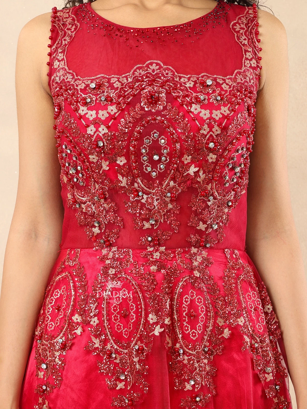 Red Pink Net Gown With Glitter And Floral Embroidery