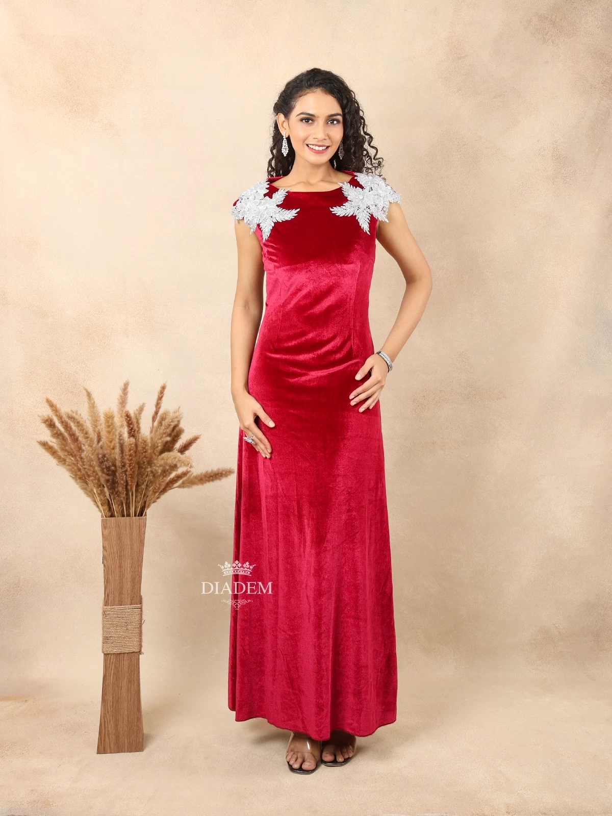 Red Velvet Gown Adorned With 3d Flowers