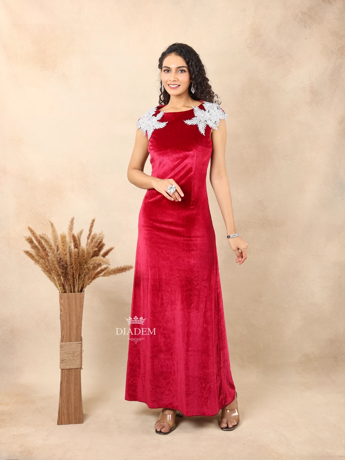 Red Velvet Gown Adorned With 3d Flowers