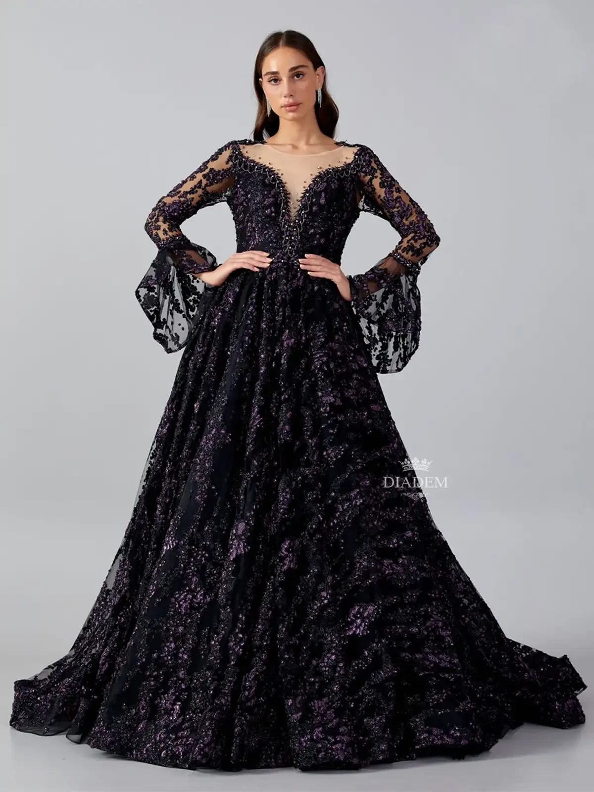 Black Gown Embellished With Laces And Beads In Floral Designs