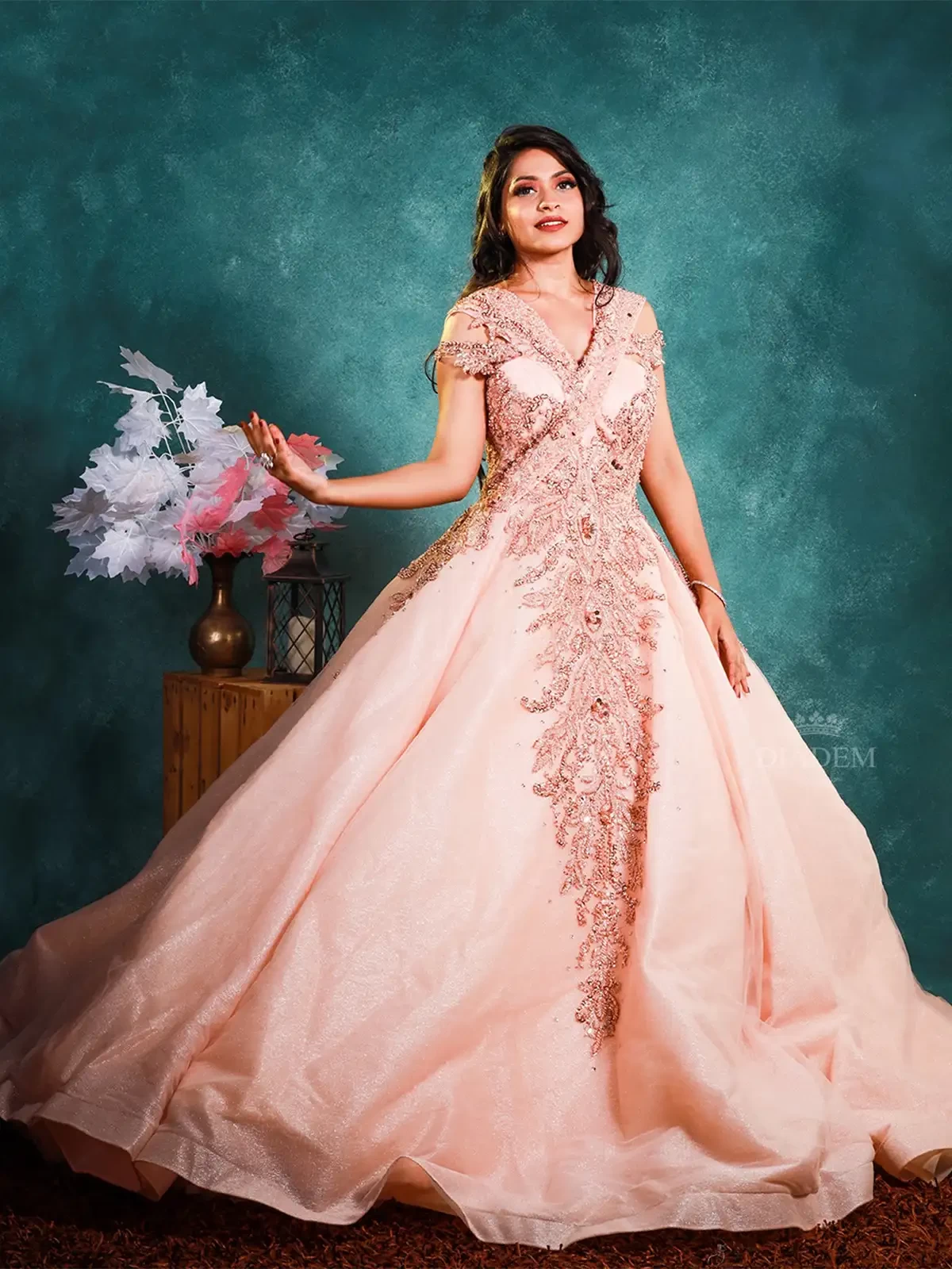 Rose Gold Ball Gown Embellished With Floral Beads And Stones