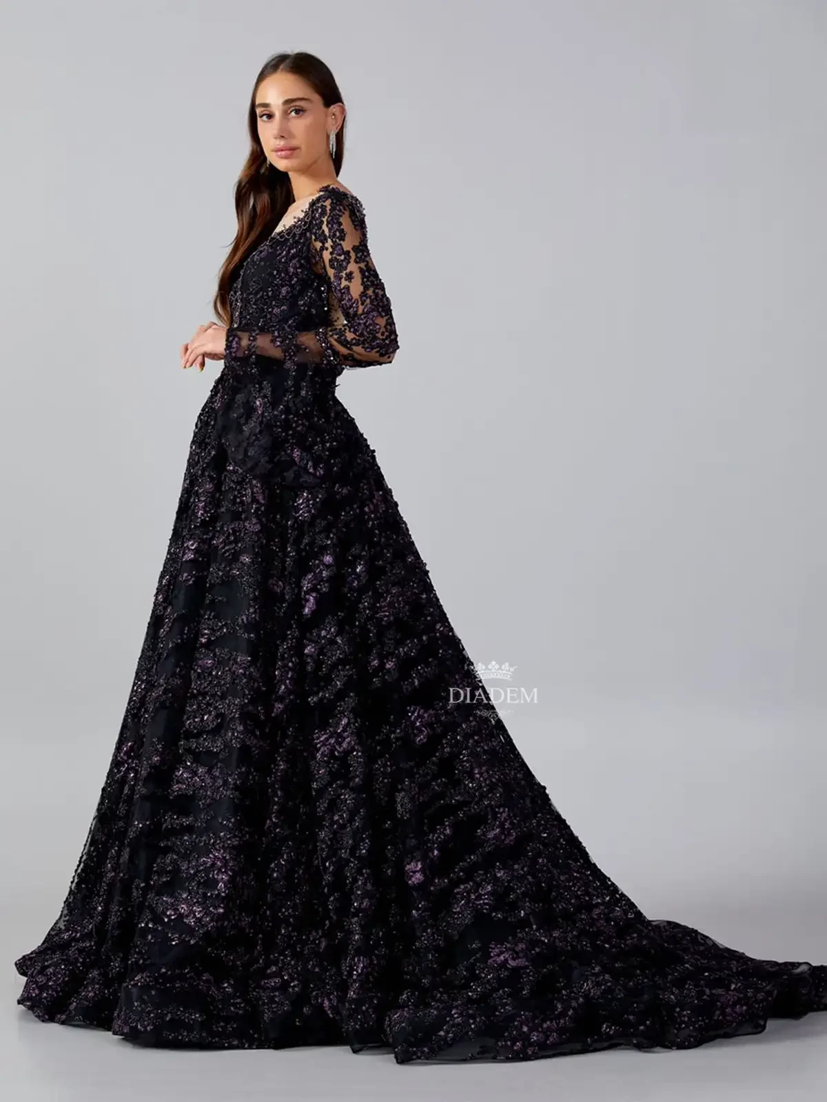 Black Gown Embellished With Laces And Beads In Floral Designs