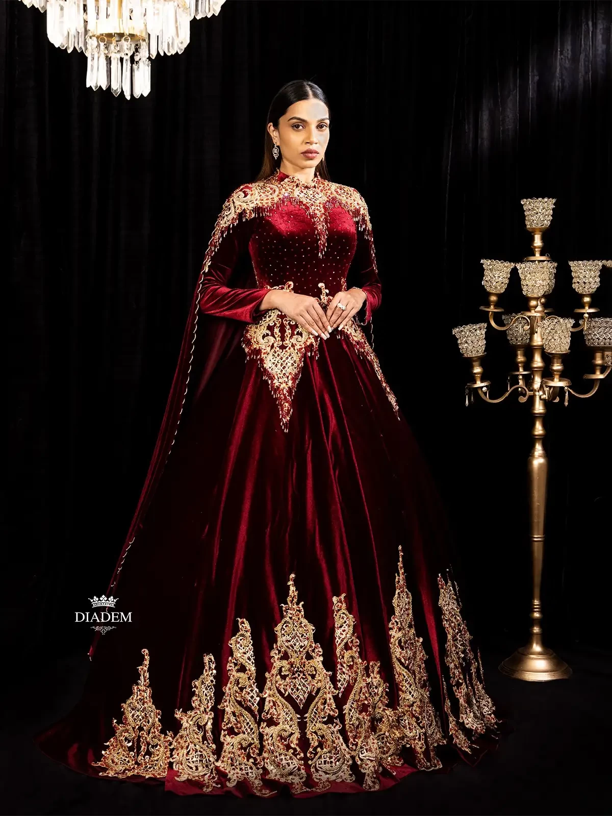 Dark Red Velvet Ball Gown Embellished With Laces And Crystal Beads