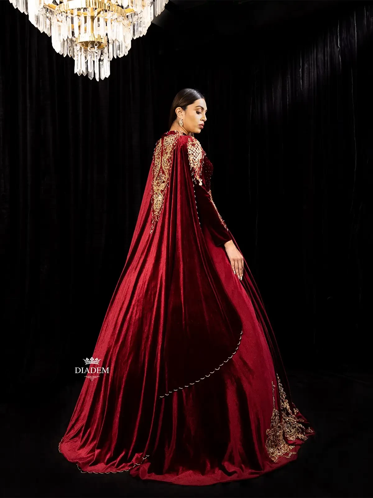 Dark Red Velvet Ball Gown Embellished With Laces And Crystal Beads