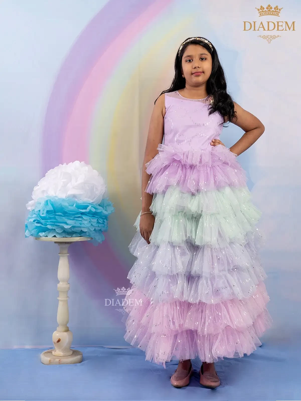 Multicolor Ruffled Gown Adorned In Shimmers