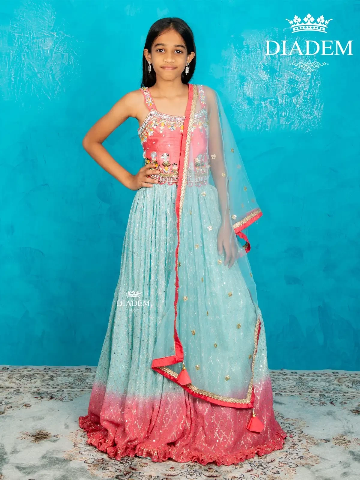 Blue And Pink Georgette Lehenga Embellished With Beads And Sequins Along With Dupatta