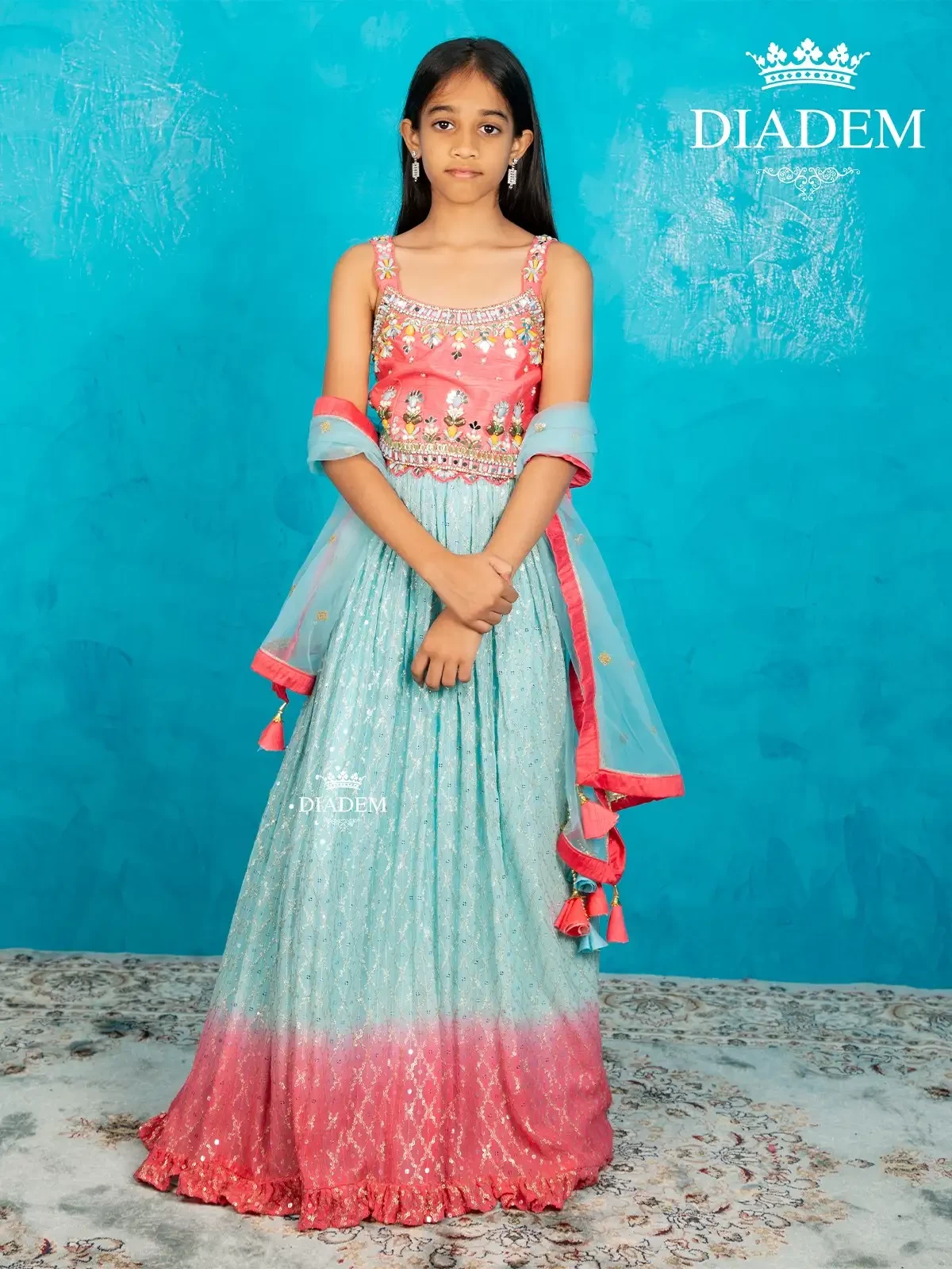 Blue And Pink Georgette Lehenga Embellished With Beads And Sequins Along With Dupatta