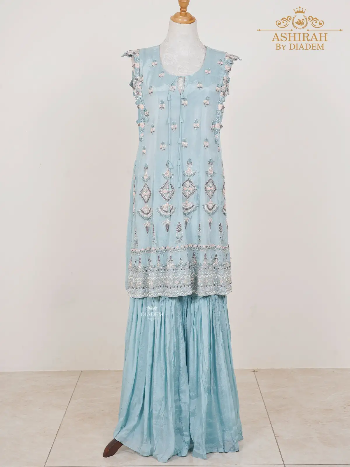 Light Blue Sharara Suit with Thread cut Floral Embroideries