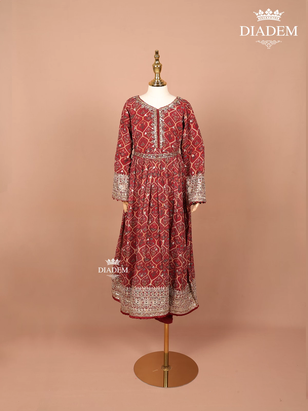 Maroon Georgette Anarkali Suit Embellished with Floral Prints and Sequins, Paired with Dupatta
