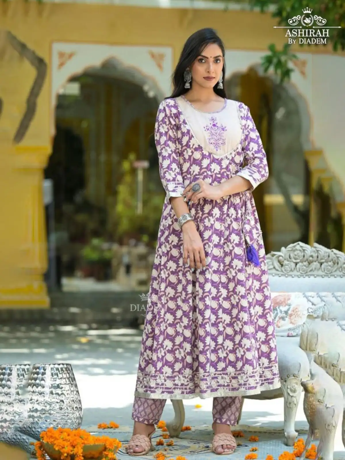 Purple Straight Cut Suit Adorned In Floral Prints With Dupatta