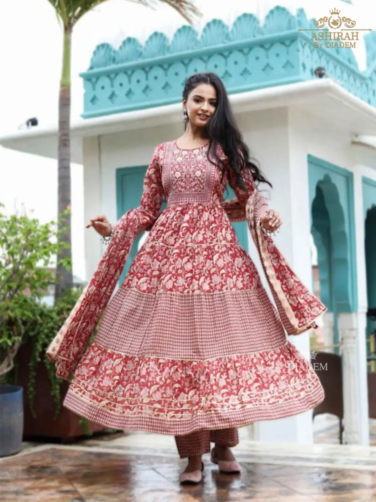 Maroon Anarkali Suit  Adorned in Floral Prints and Embroideries with Pant and Dupatta