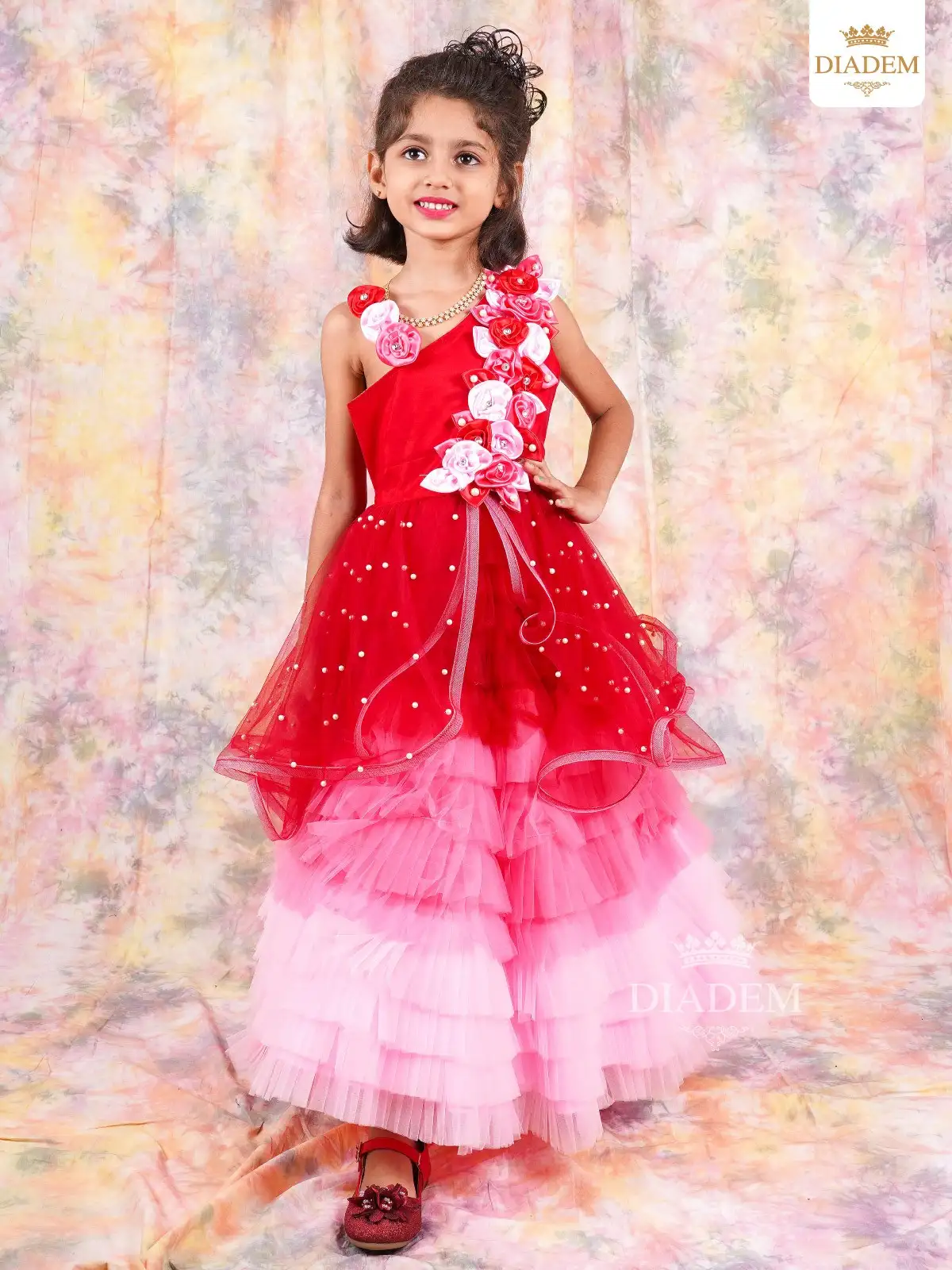 Scarlet Red Gown Embellished In Beads And Floral Design With Ruffled Bottom