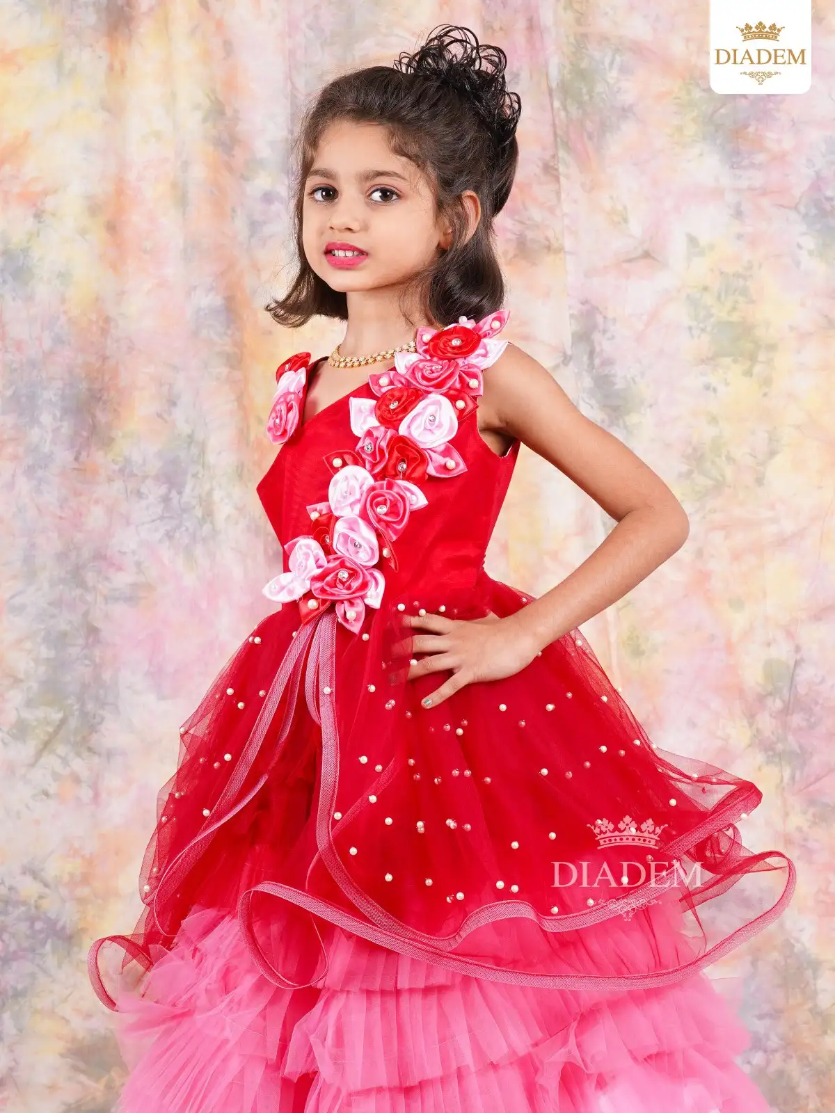 Scarlet Red Gown Embellished In Beads And Floral Design With Ruffled Bottom