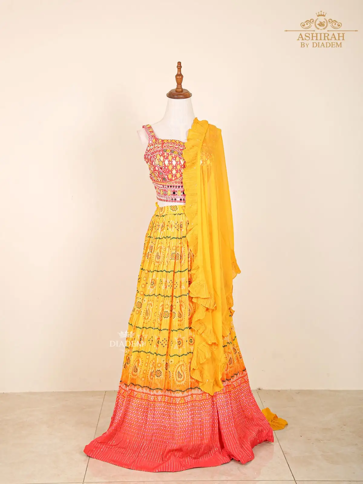 Sun Yellow Lehenga Adorned in Paisley Prints and Embroideries with Dupatta
