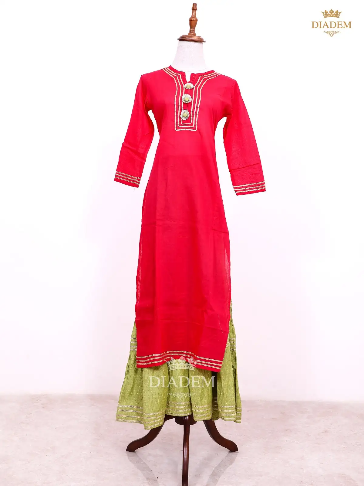 Red Pink with Pista Green Palazzo Suit Adorned with Thread work
