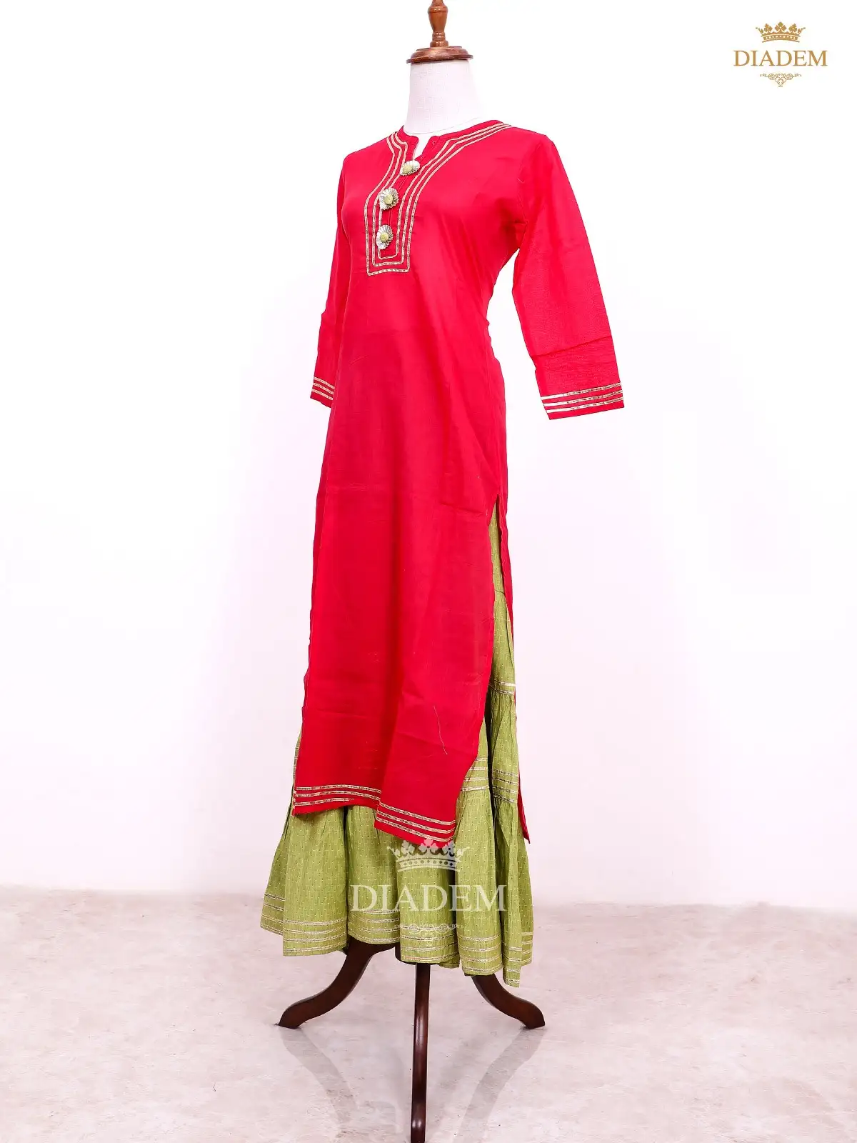 Red Pink With Pista Green Palazzo Suit Adorned With Thread Work