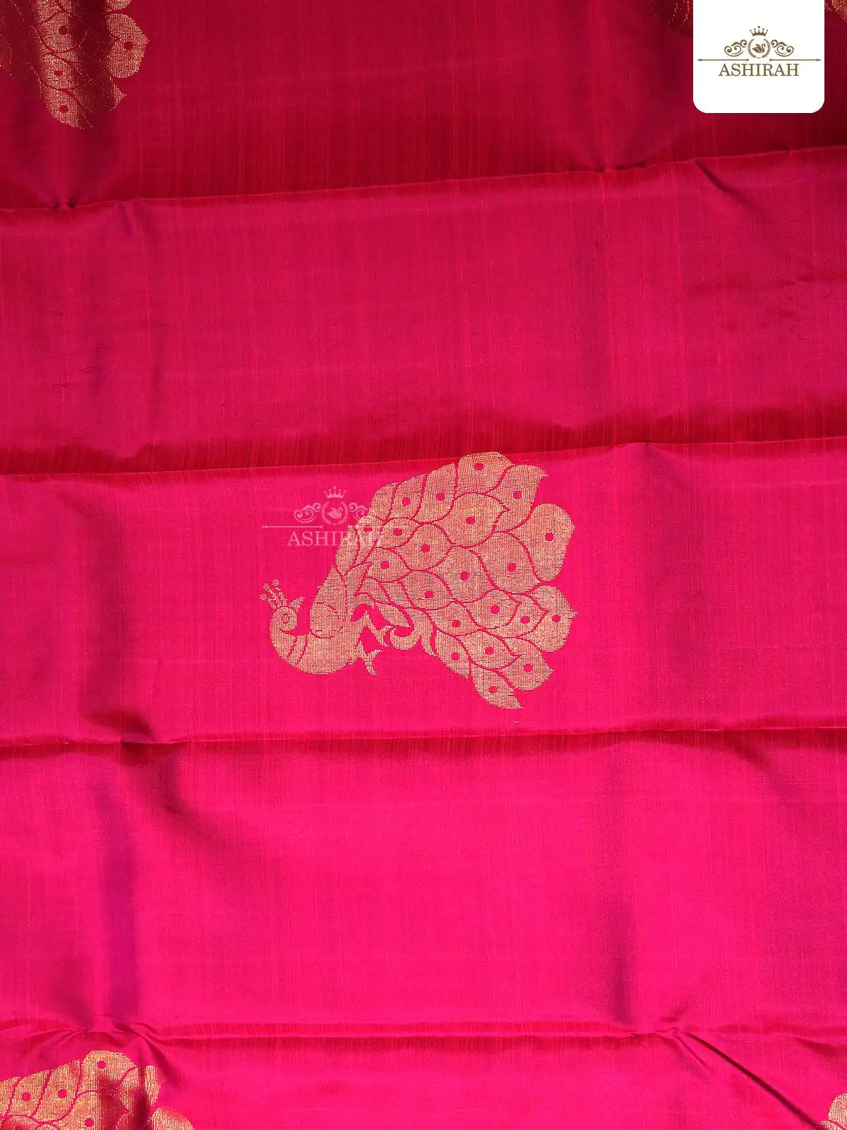 Dark Pink Pure Kanchipuram Silk Saree With Peacock Motifs On The Body And Zari Border