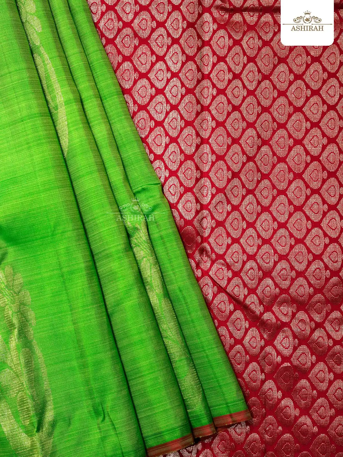 Parrot Green Pure Kanchipuram Silk Saree With Design Motifs All Over The Body And Without Border