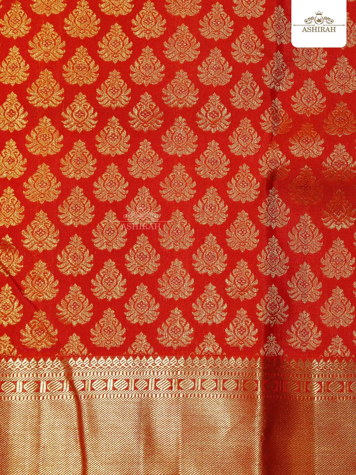 Orange Pure Kanchipuram Silk Saree With All Over Zari Flower Motifs On The Body And Design Motifs Zari Border