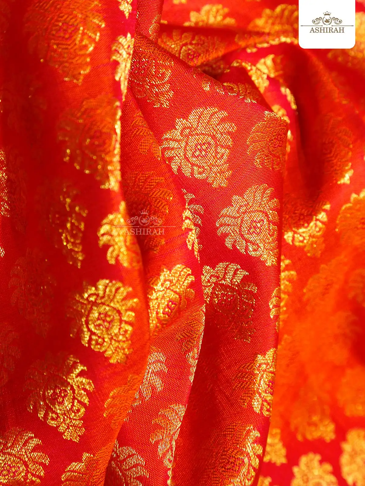 Orange Pure Kanchipuram Silk Saree With All Over Zari Flower Motifs On The Body And Design Motifs Zari Border