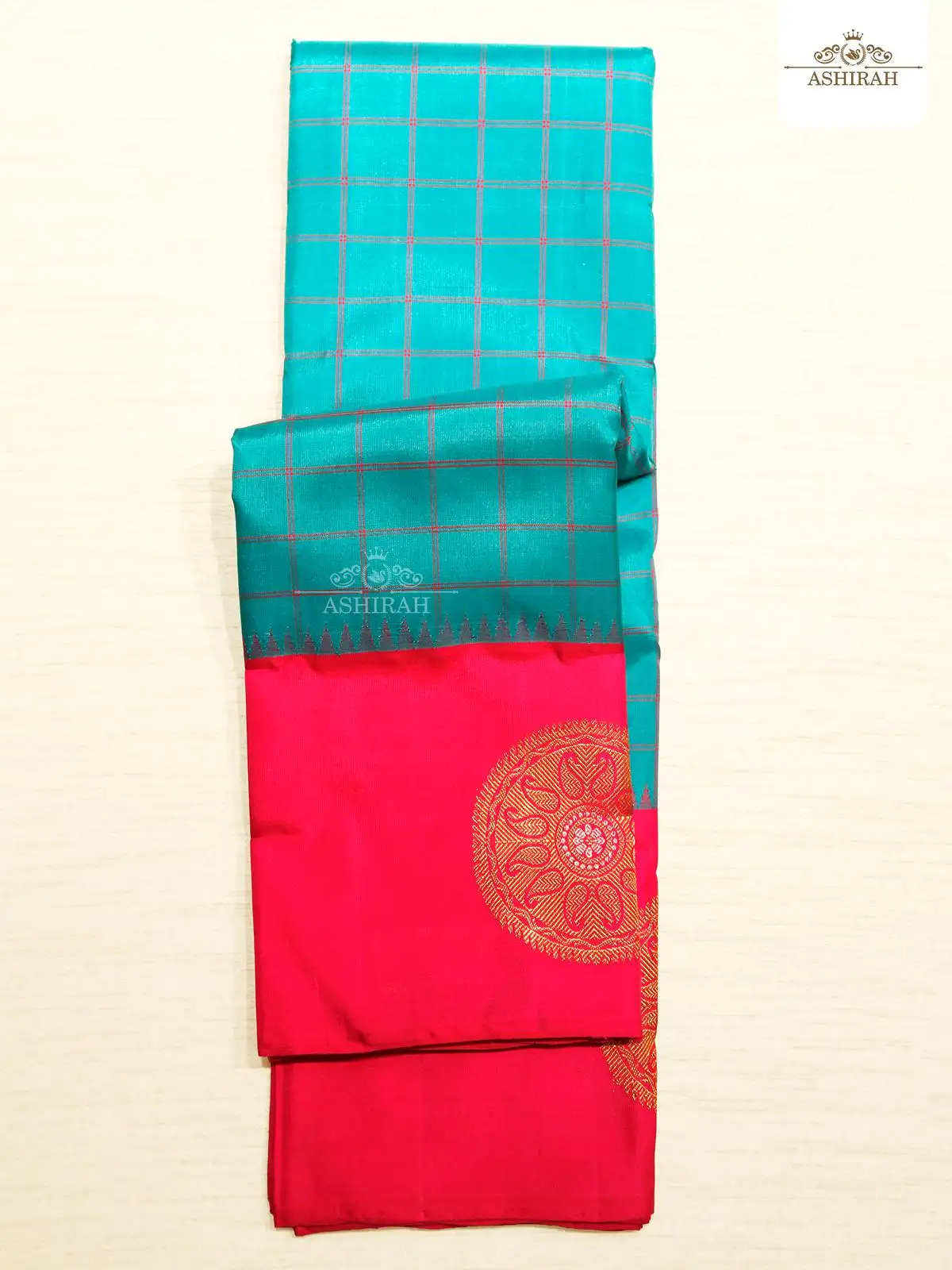 Blue Pure Kanchipuram Korvai Silk Saree With Checks Designs On The Body And Design Motifs Zari Border