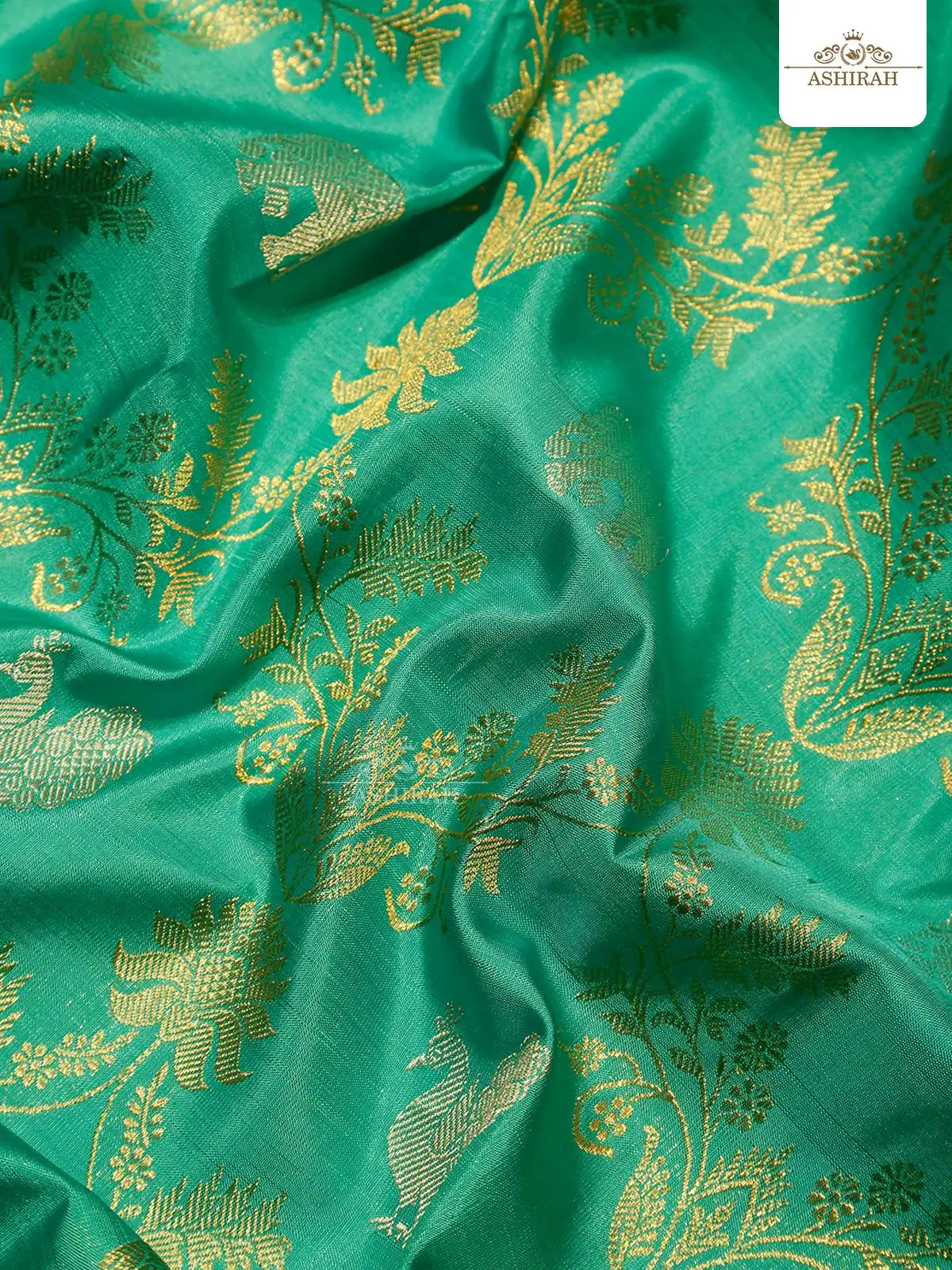 Peacock Green Pure Kanchipuram Silk Saree With Flower And Animal Motifs On The Body And Zari Border