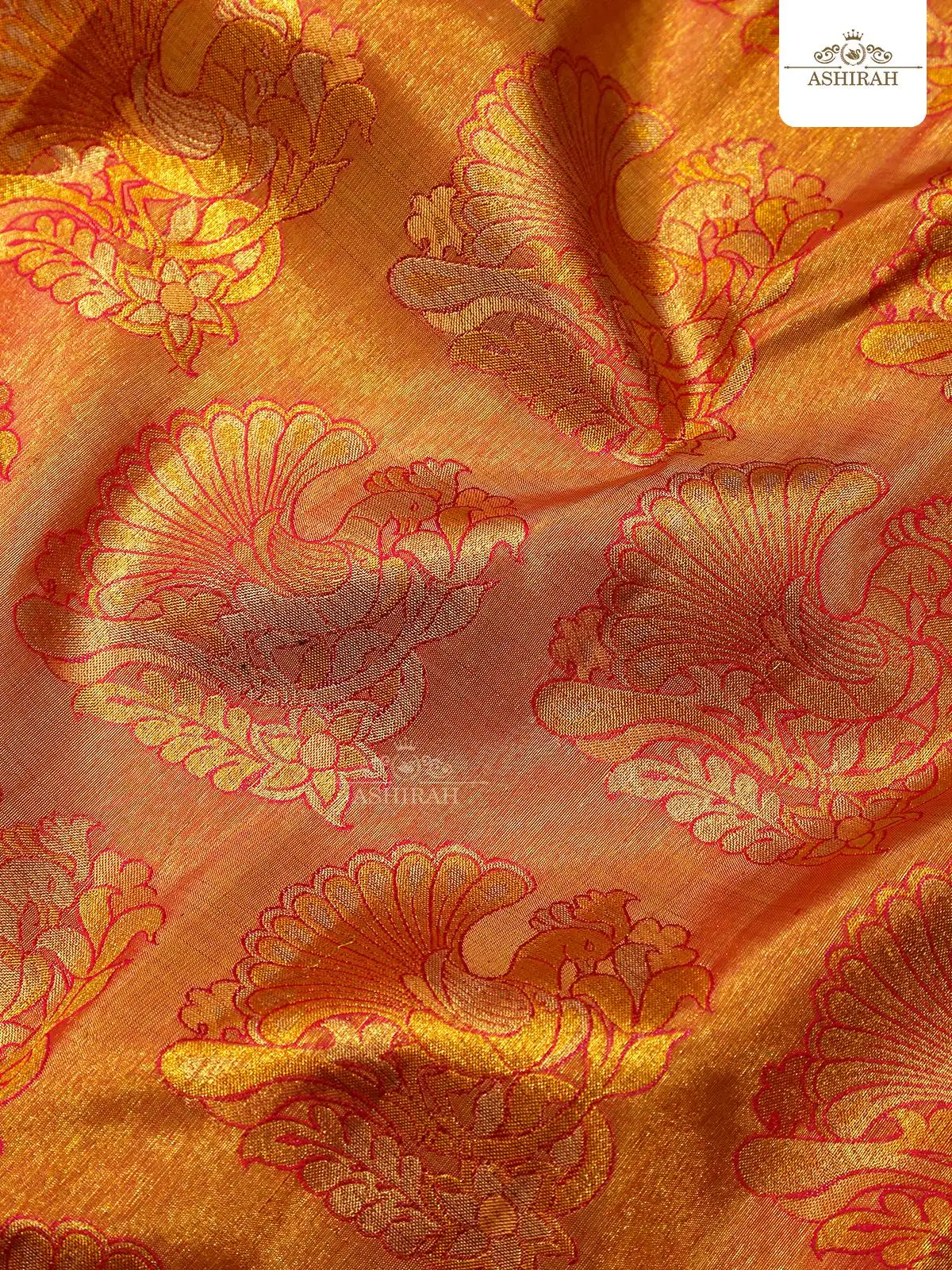 Orange Pure Kanchipuram Korvai Silk Saree With All Over Zari Peacock Motifs On The Body And Zari Border
