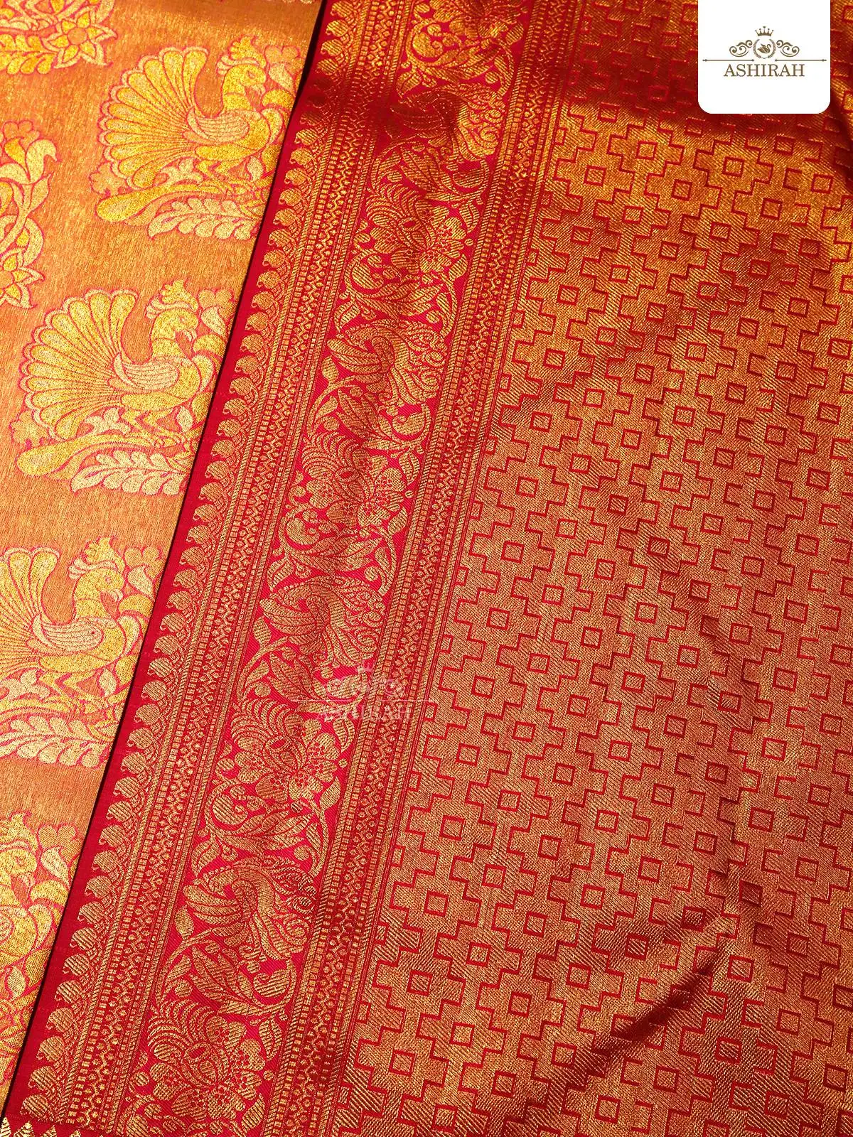 Orange Pure Kanchipuram Korvai Silk Saree With All Over Zari Peacock Motifs On The Body And Zari Border