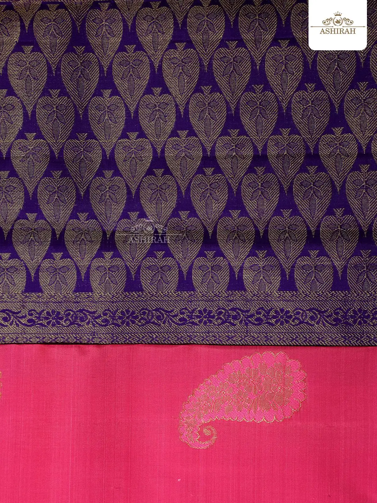 Pink Pure Kanchipuram Silk Saree With Paisley Motifs On The Body And Without Border
