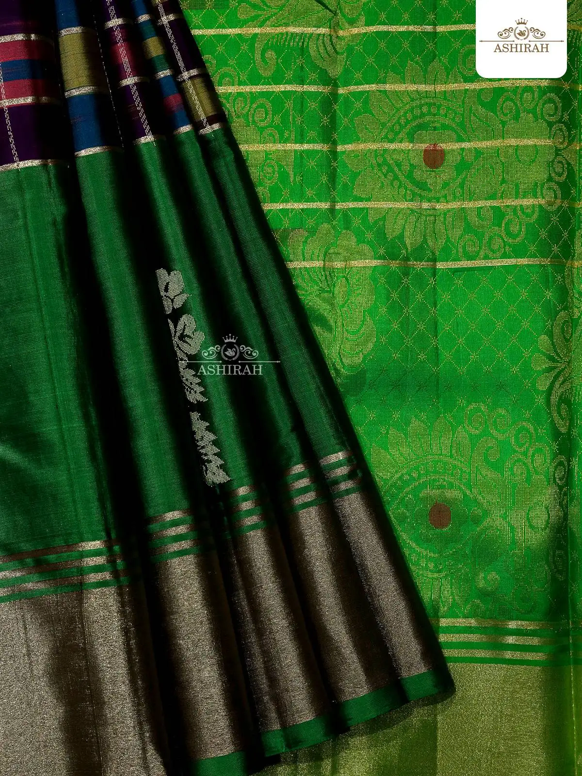 Green Soft Silk Saree with Checks design on the body and Zari Border