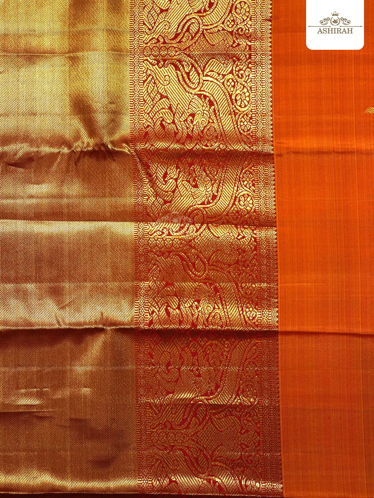Orange Pure Kanchipuram Korvai Silk Saree With Peacock Motifs On The Body And Animal Motifs Zari Border