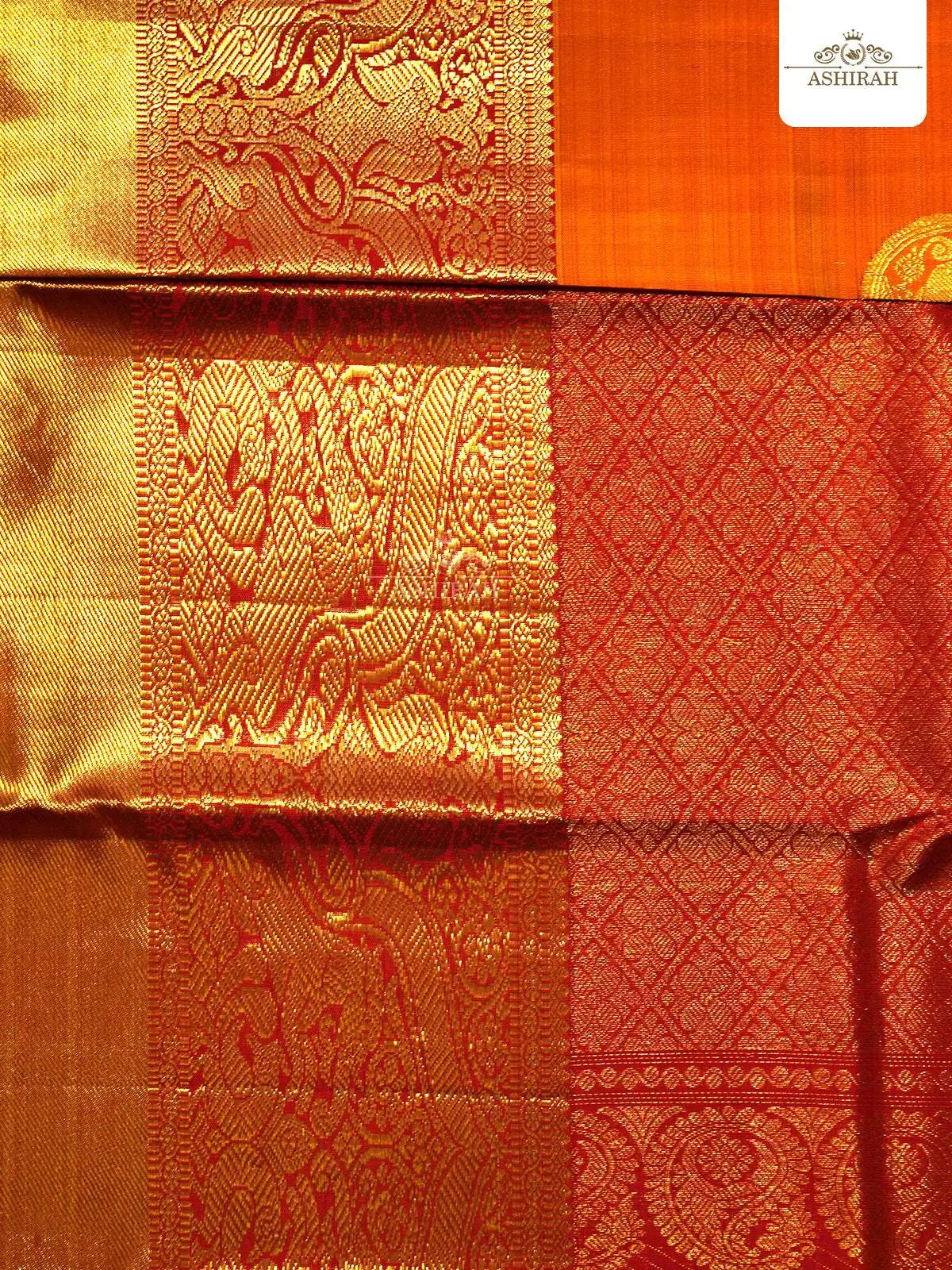 Orange Pure Kanchipuram Korvai Silk Saree With Peacock Motifs On The Body And Animal Motifs Zari Border