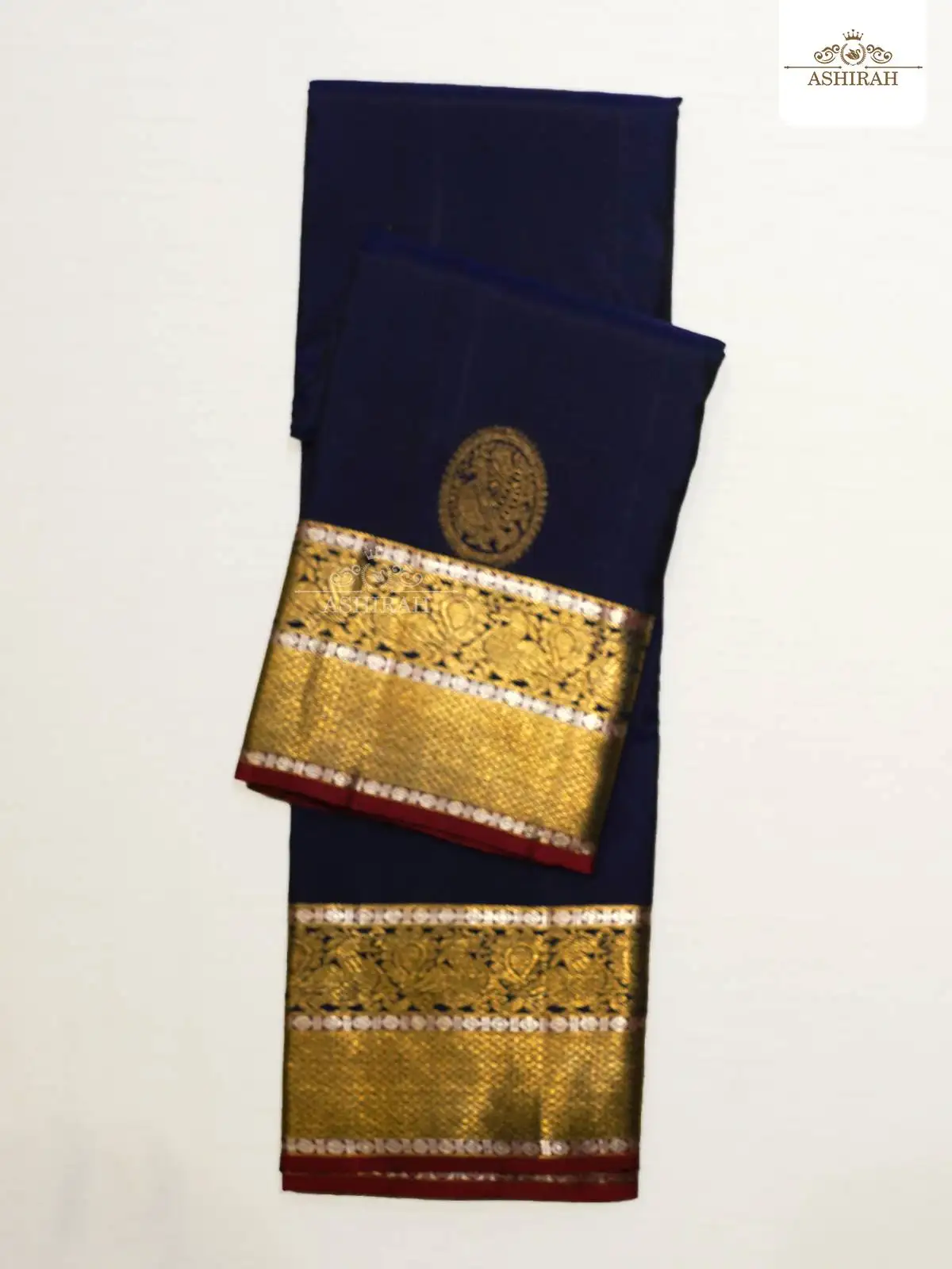 Navy Blue Pure Kanchipuram Silk Saree With Peacock Motifs On The Body And Zari Border