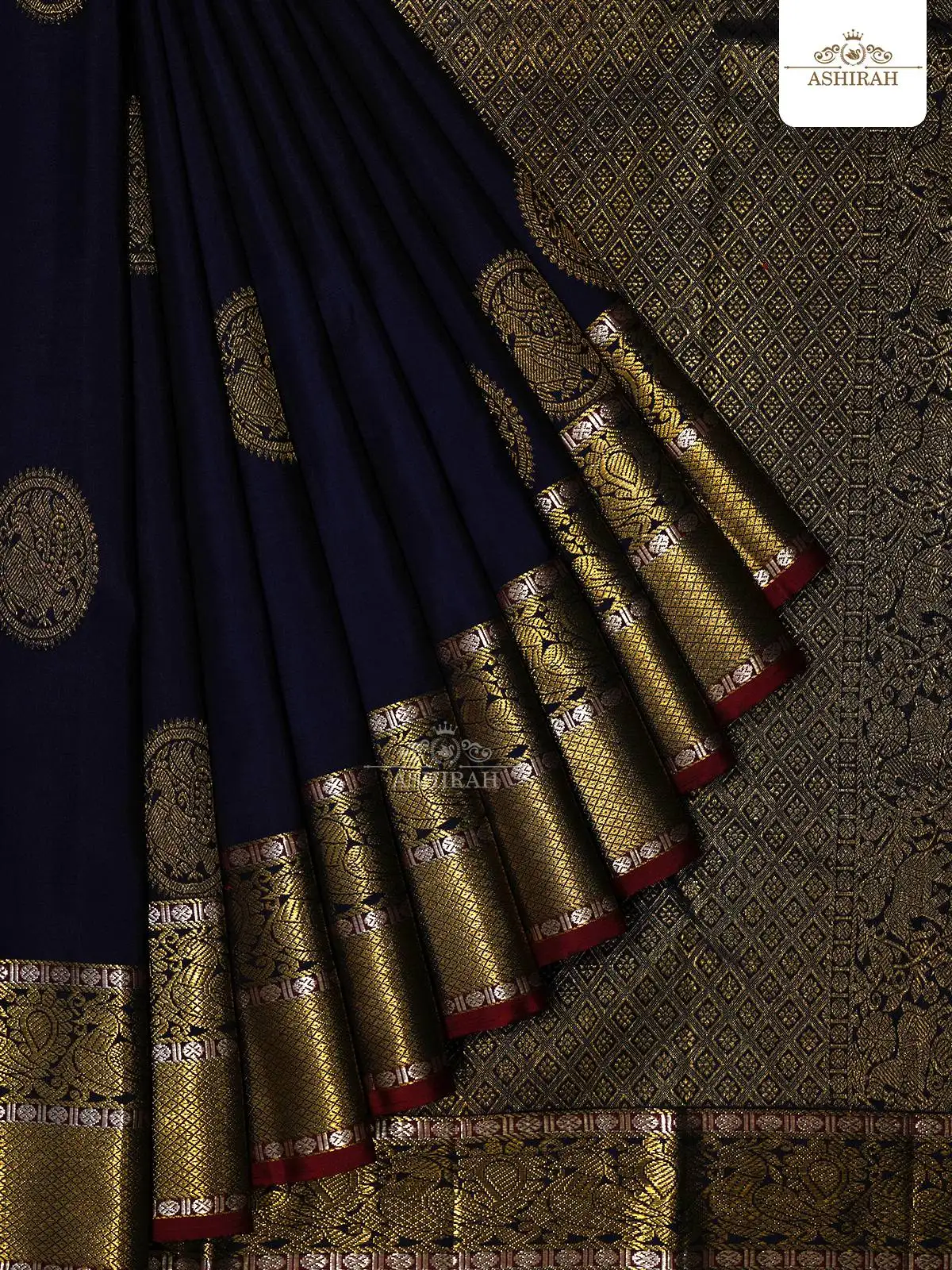 Navy Blue Pure Kanchipuram Silk Saree With Peacock Motifs On The Body And Zari Border