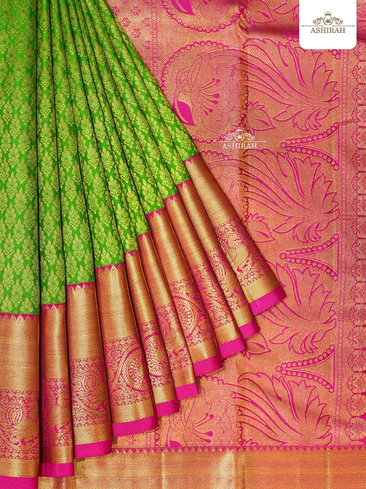 Lime Green Pure Kanchipuram Korvai Silk Saree With Design Motifs On The Body And Zari Border